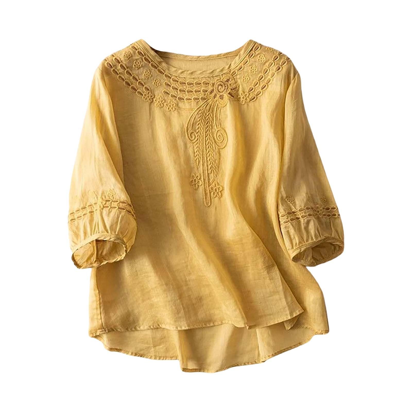 Linen Shirts for Women Summer 2025 Retro Embroidered 3/4 Sleeve Boho Tops Dressy Casual Blouses Teacher Loose Tunics