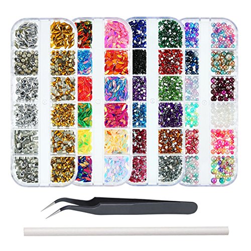 WOKOTO 4Pcs/set Nail Nail Jewelry Rhinestones Kit Gold And Silver Nail Rivets Holographic Fake Nail Pearls Nail Sequins AB Rhinestones For Nails With Tweezers And Rhinestones Picker Pencil