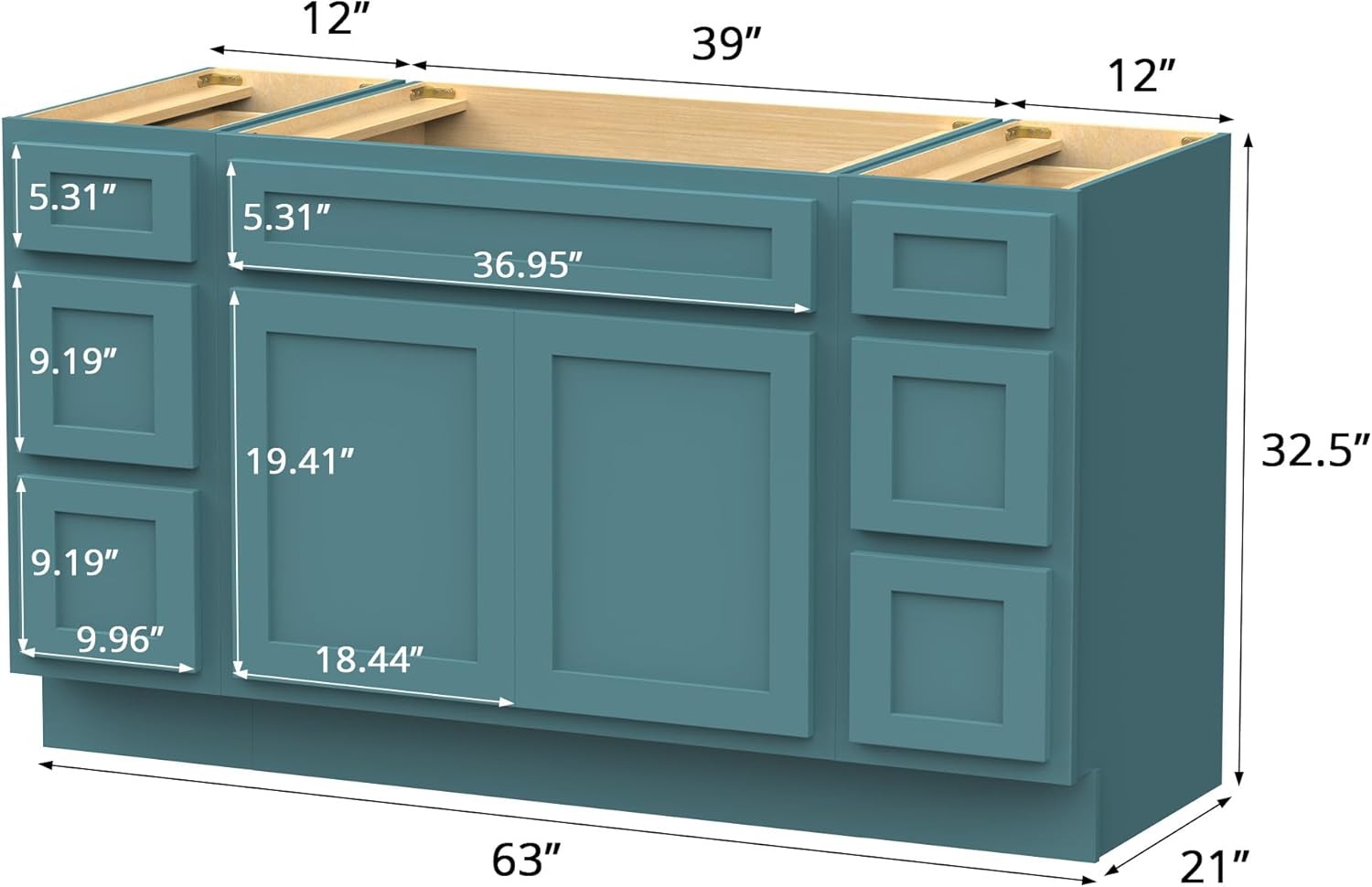 Vanity Art 63 Inch Bathroom Vanity Base Only, Single Sink Bathroon Vanity Cabinet with Dove-Tailed Drawers, Soft-Closing Doors, Without Top