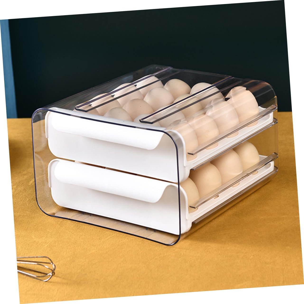 Cabilock Double Layer Egg Storage Organizer with Slots Refrigerator Safe Egg Dispenser for Freshness Deep Slots to Prevent Rolling for Fridge and Pantry Use