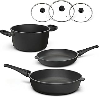 Hoffmann Die-Cast Aluminium Pot and Pan Set with Glass Lid and Removable Handle, 6 Pieces, Suitable for All Types of Cookers, Including Induction, Made in Germany, 100% Warp Free