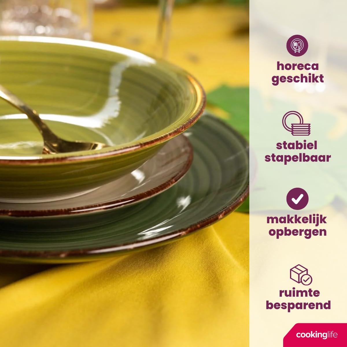 Cookinglife Vajilla verde 18 piezas / 6 personas – 6 platos llanos, 6 platos hondos y 6 platos de desayuno