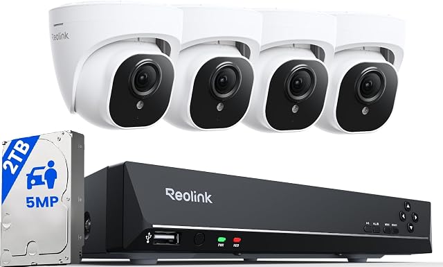 REOLINK 5MP 8CH Home Security Camera System with 2TB HDD RLK8-520D4-5MP | 4pcs 5MP PoE IP Cameras Outdoor with Person/Pet/Vehicle Detection, 4K 8CH NVR with 2TB HDD for 24-7 Recording