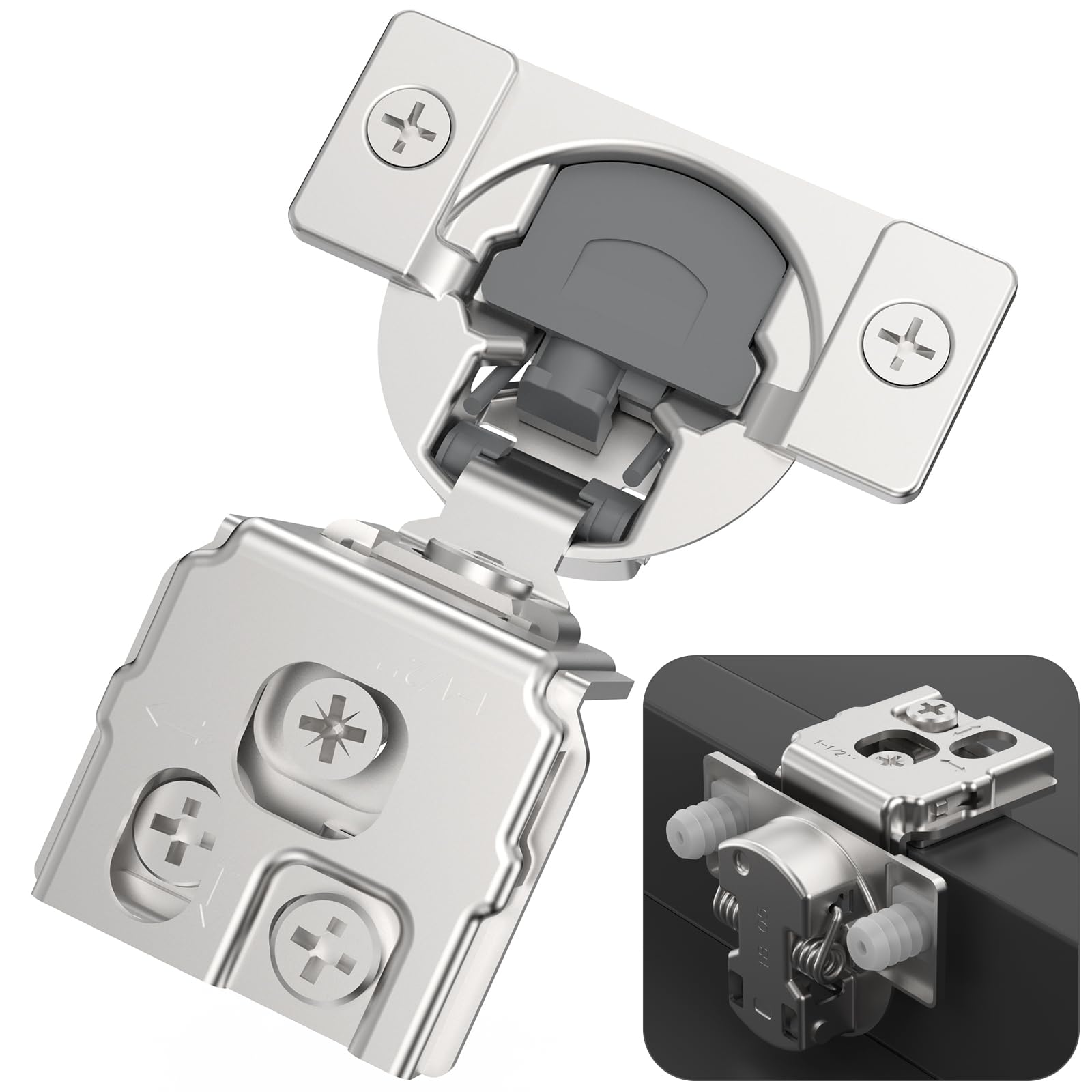 Chibery 30 Pack 1-1/2" Overlay 3D Soft Close Concealed Kitchen Cabinet Hinge for Face Frame Door, Pre-Assembled Easy-on Dowels, Self Closing Hidden Satin Nickel, 105° Open Concealed Stainless Steel