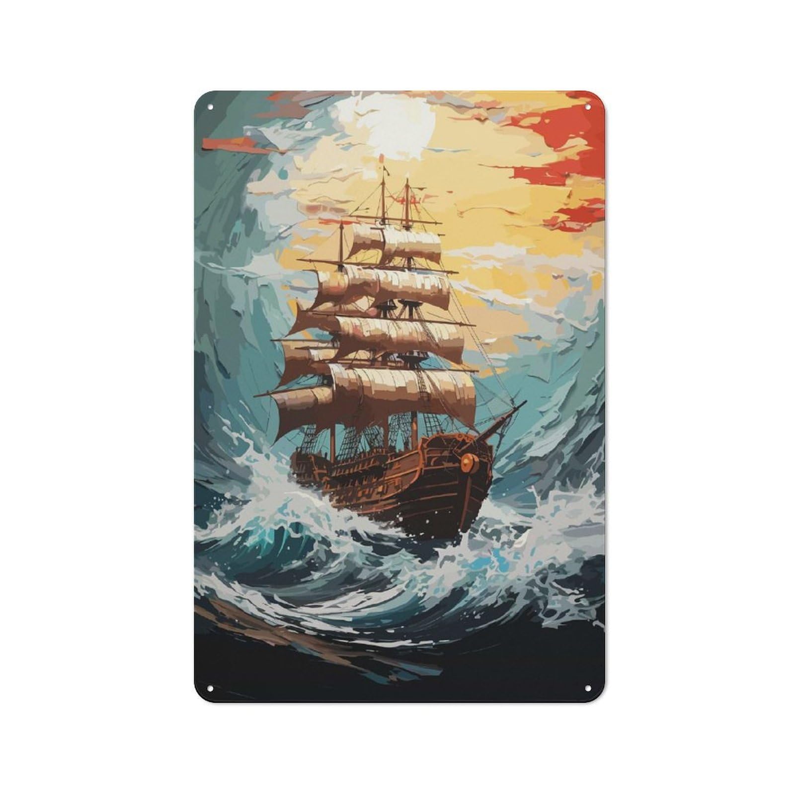 Junmoney Pirate Ship In Ocean Waves Tin Sign 30X20cm For Pub Or Café, Retro-Style Wall Decor, For Garage, Workshop And Man Cave Decoration