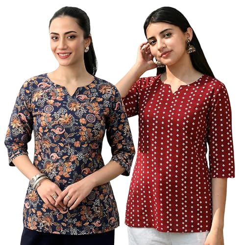 Image of Pinkmint Women's Cotton Blend Printed Short Kurti, Hip-Length Ethnic Tunic for Women, 3 /4 Sleeve Notch Neck, Casual, Office (Available in Plus Sizes & Combo Pack 2)