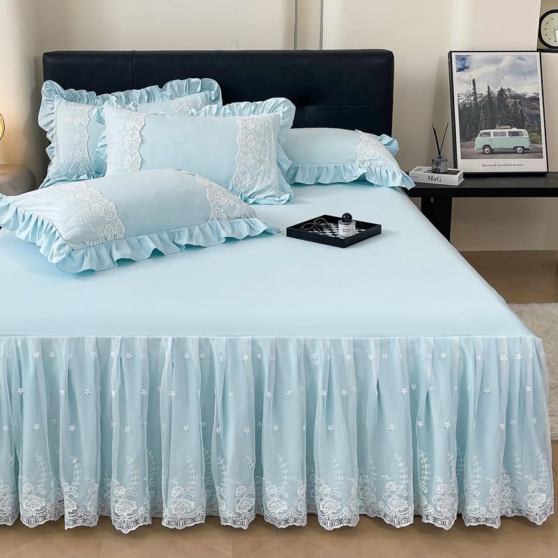 Queen Size 2 Tiers White Lace Ruffle Bedspread Sheet Only Washed Cotton Bed Sheet with Skirt, Light Blue