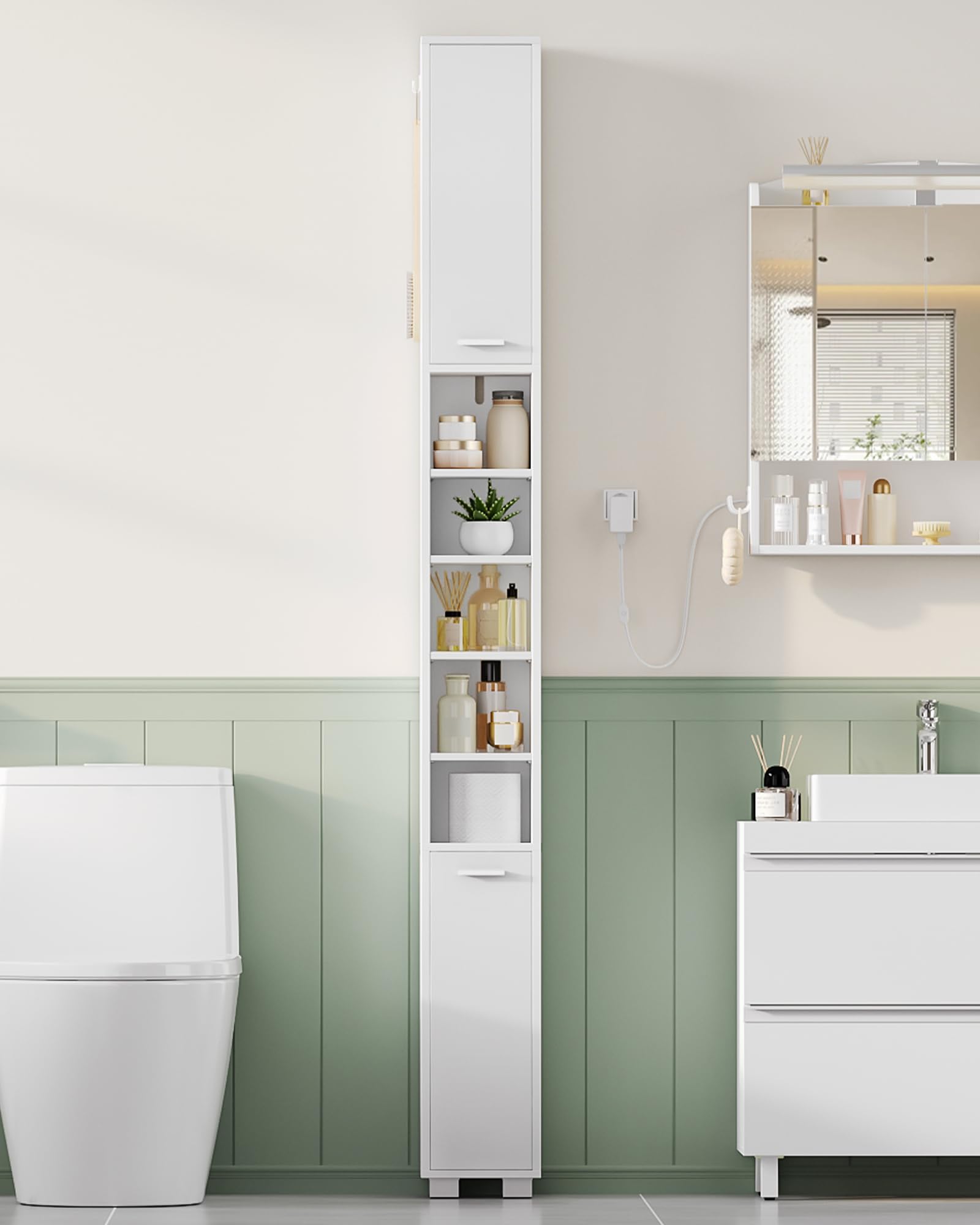 Hzuaneri Mueble de Baño Alto, Columna Baño, Armario Alto con 2 Puertas, 2 Cajas de Almacenamiento y Compartimentos Abiertos, Estantes Ajustables, 20 x 20 x 200 cm, Blanco BC28503X