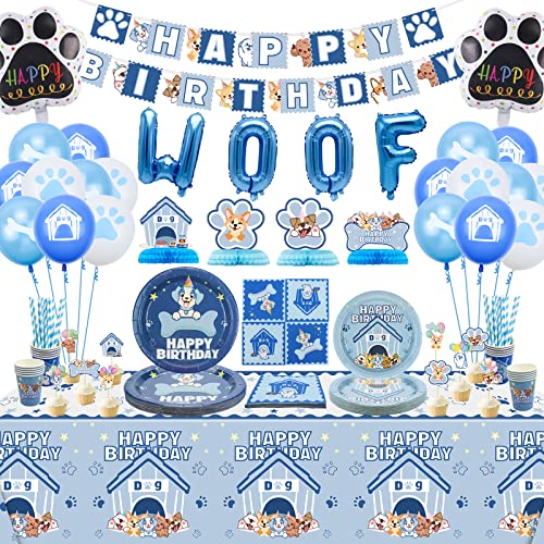 150 Stück Blau Hund Party Dekorationen Set Welpe Hund Pfote Party Zubehör Pawty Welpe Platten Hund Gerichte Hund Tischdecke Hund Thema Banner Doggy Geschirr Geburtstag Party serviert 20 Cover