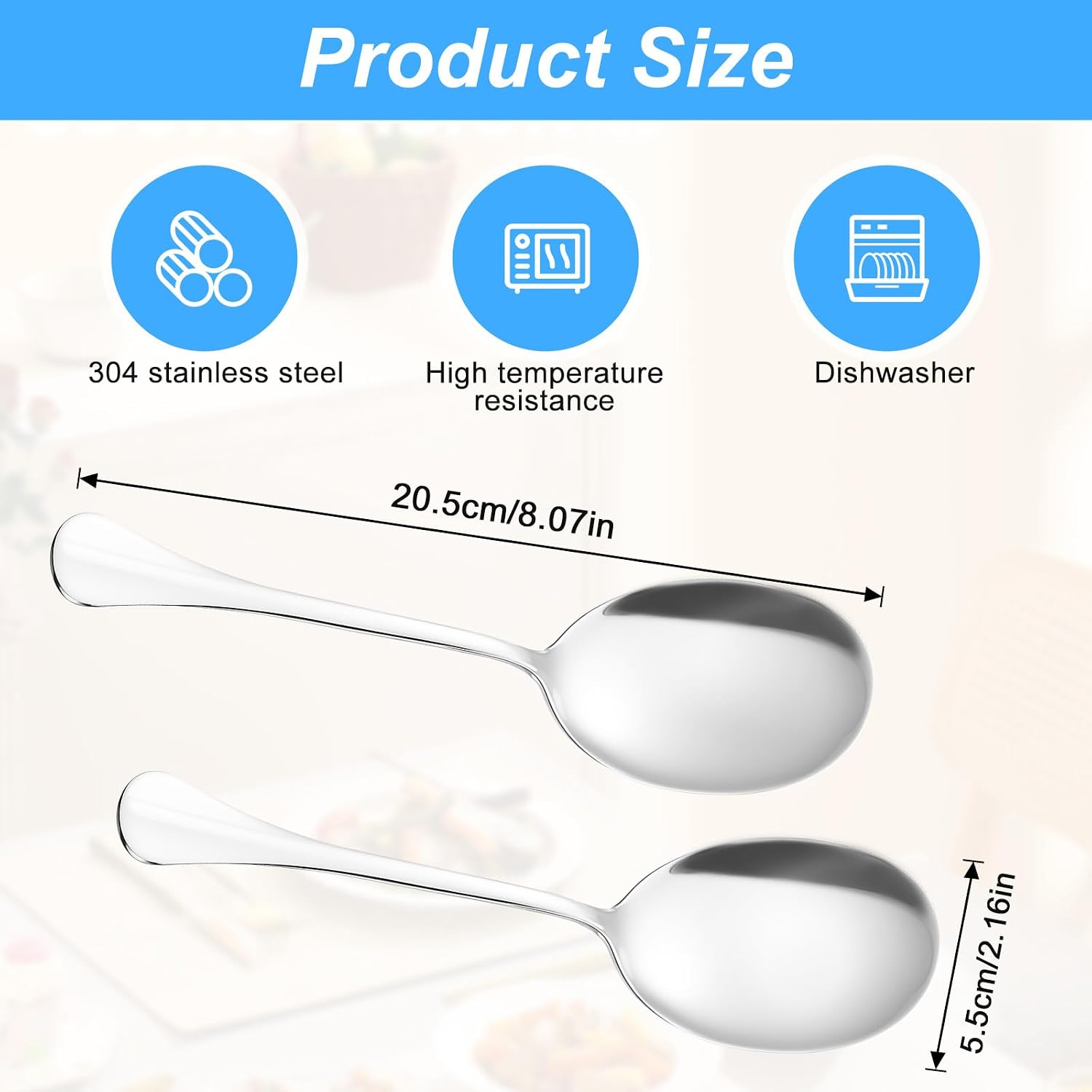 Yuanchu 2 Pcs Large Serving Spoons, Stainless Steel 8 Inch Spoons for Buffet Extra Long Buffet Serving Utensils, Silver Metal Large Spoon Heavy Duty Dishwasher Safe