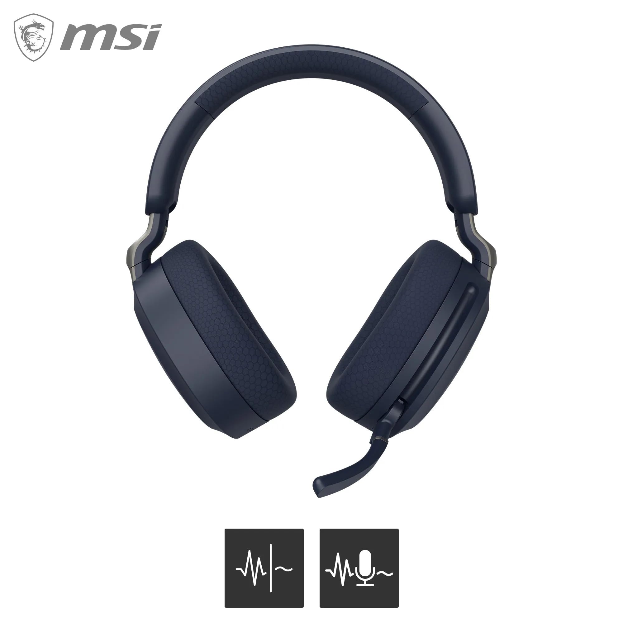 MSI Maestro 500 Wireless Navy Casque sans Fil, réduction Active du Bruit, Connexion 2,4 GHz, Bluetooth 5.4 ou Jack 3,5 mm, H-P de 40 mm, Micro rétractable « Flip-to-Mute », autonomie 90 Heures