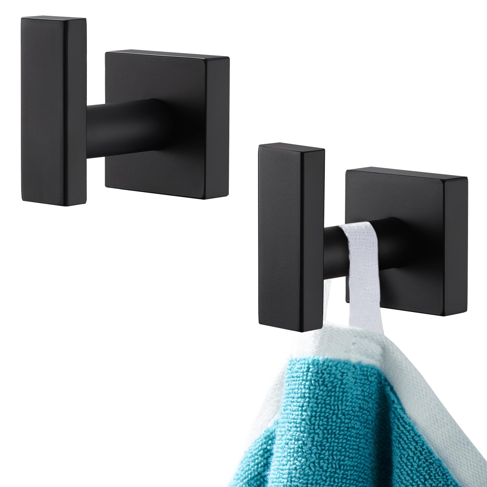 APLusee Matte Black Bath Towel Hook 2 Pack, 304 Stainless Steel Robe Hook, Wall Mounted