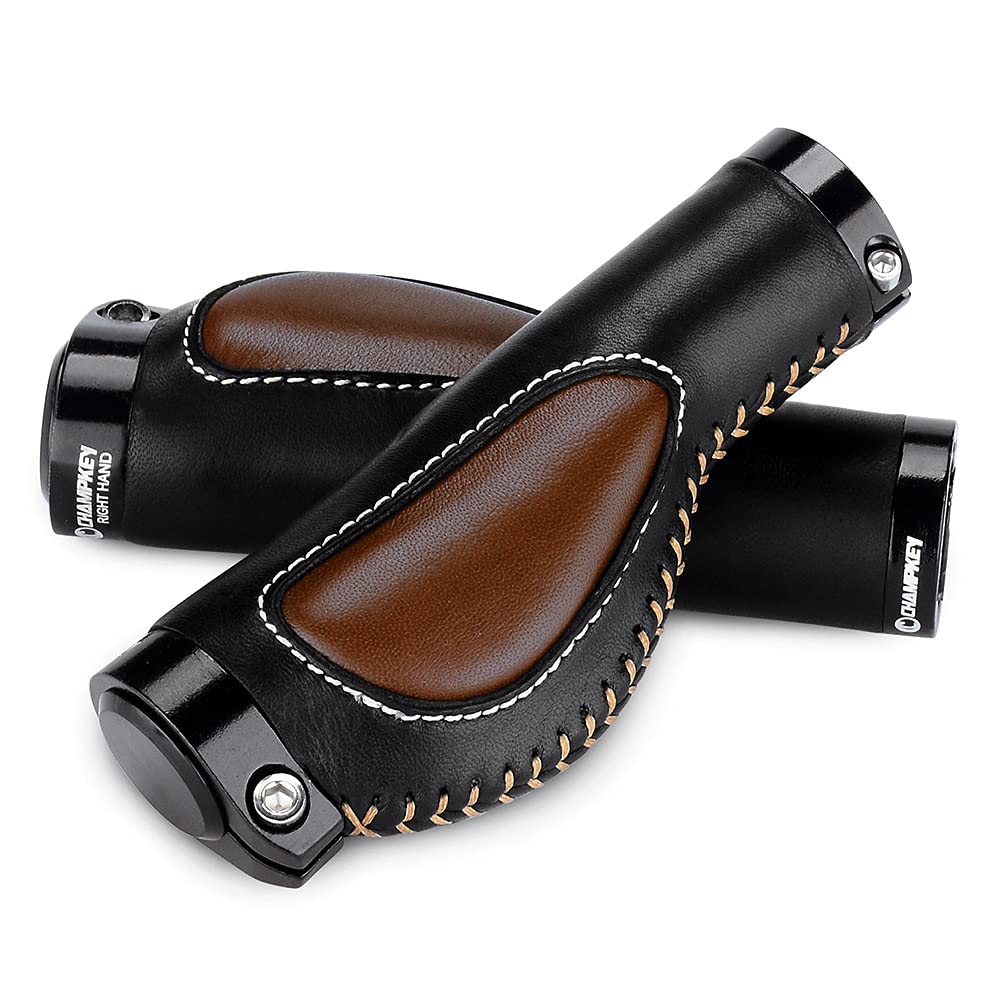 Fahrradgriffe Fahrradgriff Aluminiumlegierung Lock Ring Leder Integriertes Mountainbike Lenkerbuchse Gehäuse Stoßdämpfung Griffe Fahrrad Griffe (Color : Black Brown)