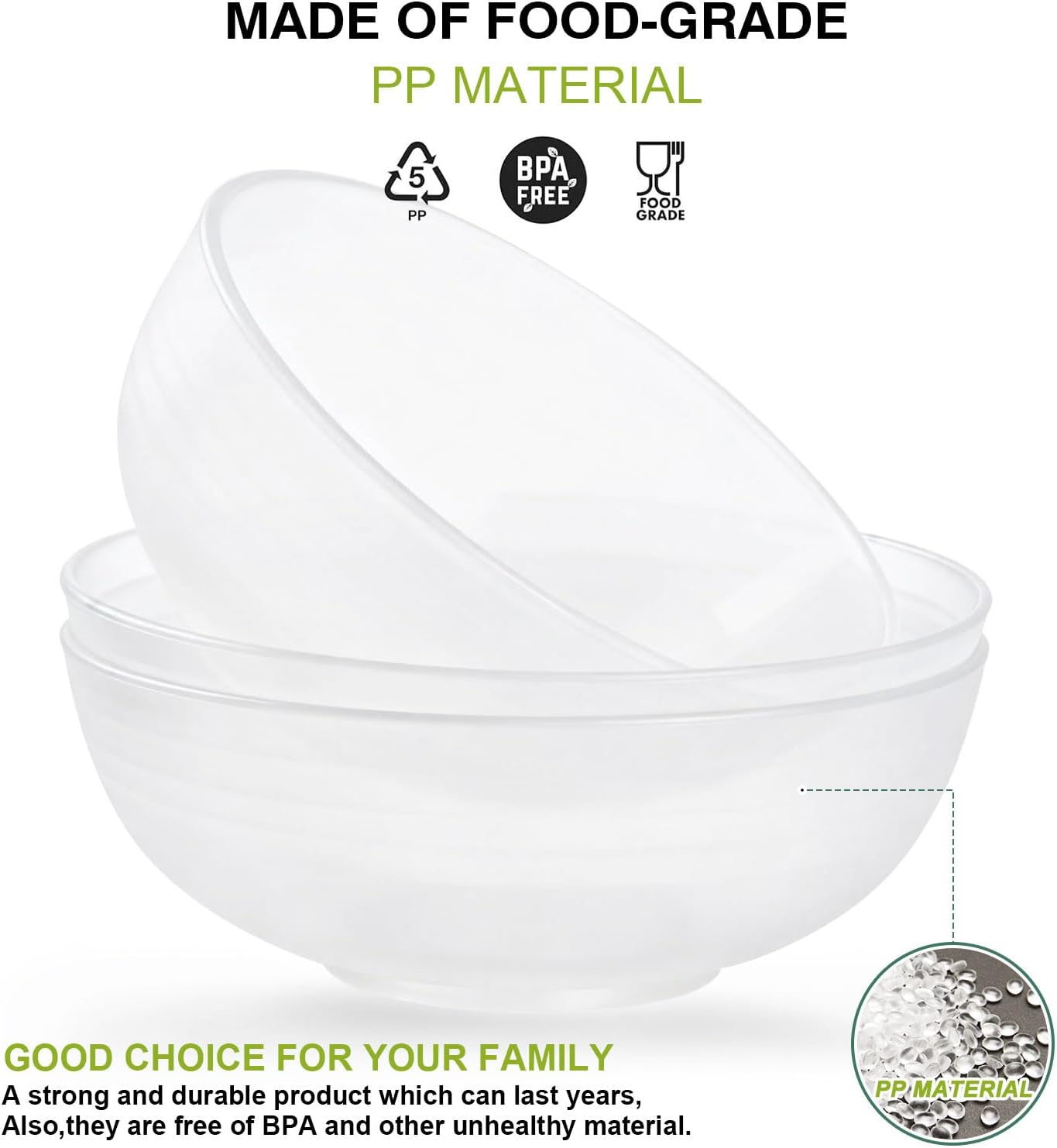 Greentainer Unbreakable Large Salad Bowls, 76 oz Plastic Clear Serving Bowl Set of 6, Lightweight Bowl for Soup, Cereal, Fruit, Popcorn, Dishwasher & Microwave Safe
