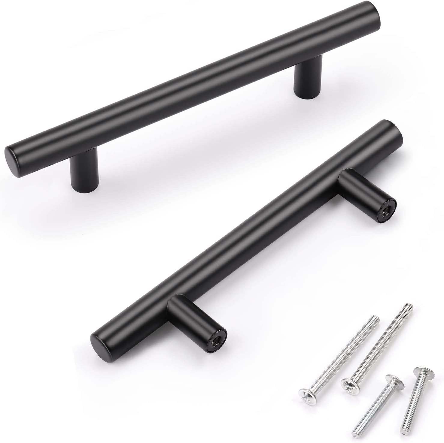 KNOBWELL 6 Pack 3-1/2" Black Kitchen Cabinet Handles, Euro Style Stainless Steel Cabinet Dresser Drawer Handles Matte Black, Overall Length 5-2/5 Inch