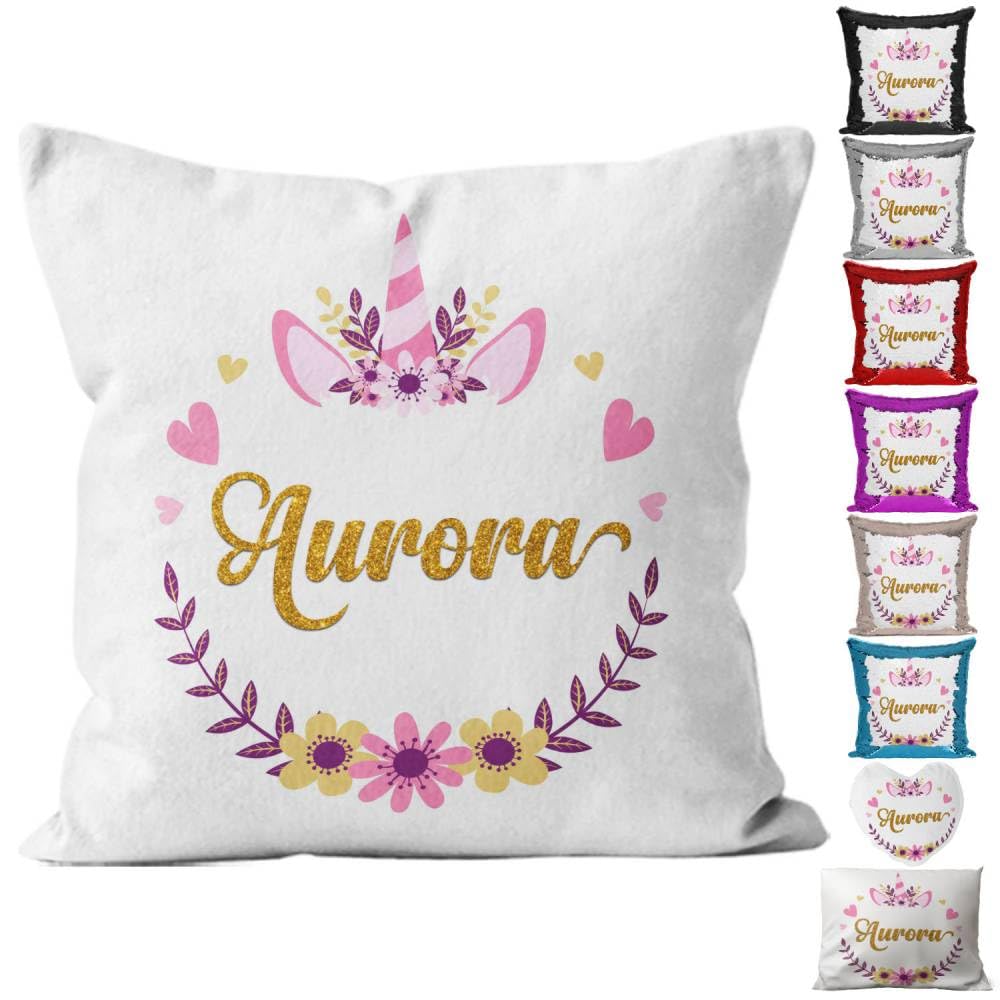 Personalised Unicorn Design Any Name Magic Reveal Sequin Cushion Printed Cover 25 (Case + Filling, Custom Design)