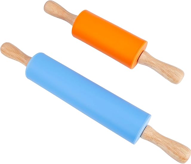 Silicone Rolling Pin Non-Stick Surface Pastry Dough Roller Medium and Mini Size Wooden Handle Rolling Pin for Baking Pizza Cookie 2 Pack (Blue & Orange)
