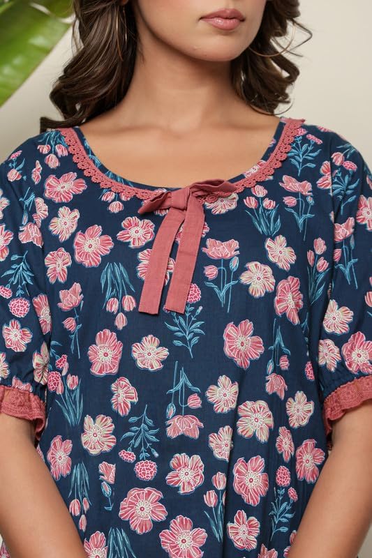 Image of NIHSAMAH Cotton Night Gown for Women, Printed Long Cotton Nighty with Pockets, Comfortable & Fancy Sleepwear /Nightwear /Maxi