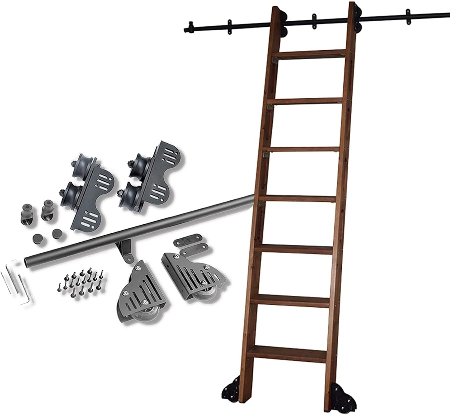 Retractable Rolling Ladder Hardware Set Sliding Library Ladder Track Kit,3.3Ft-20Ft Black Round Tube Mobile Ladder Rail,for Bookshelf/Indoor/Loft/16Ft/500Cm Track Kit,10Ft/300Cm Track Kit