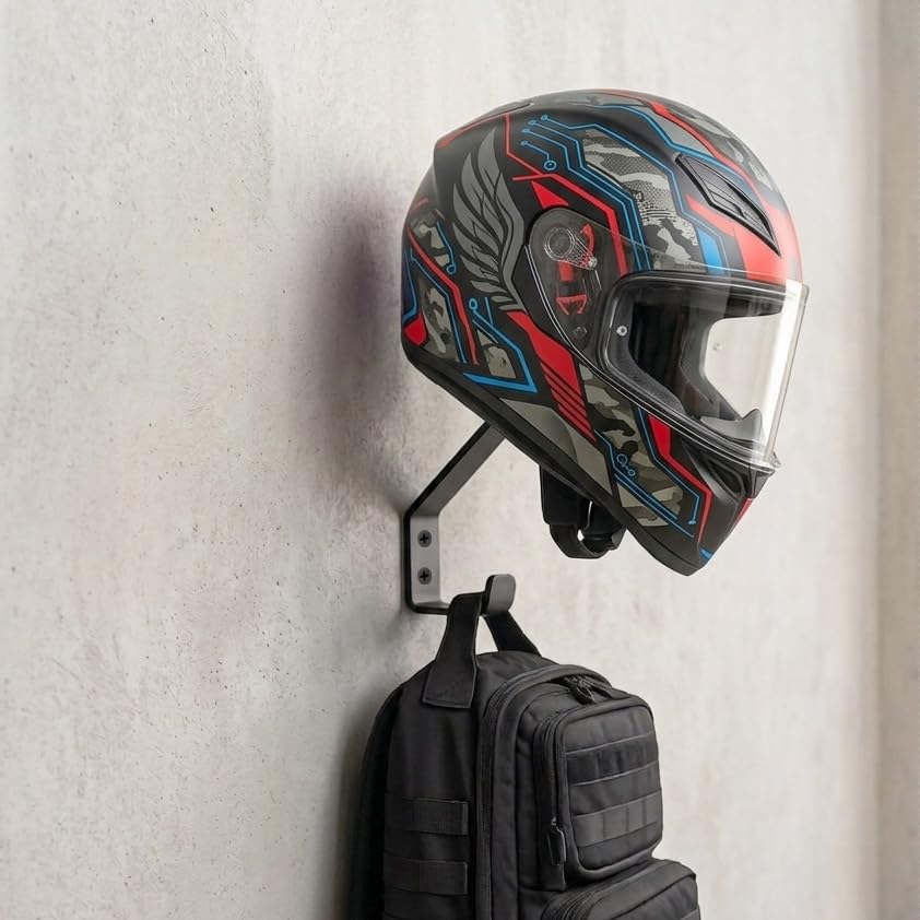 Image of L3 MODZ Wall-Mountable Helmet Holder - Sturdy Metal Helmet Hanger for Motorcycle, Gloves, Jacket, Backpacks wall Hanger (Pack of 1)