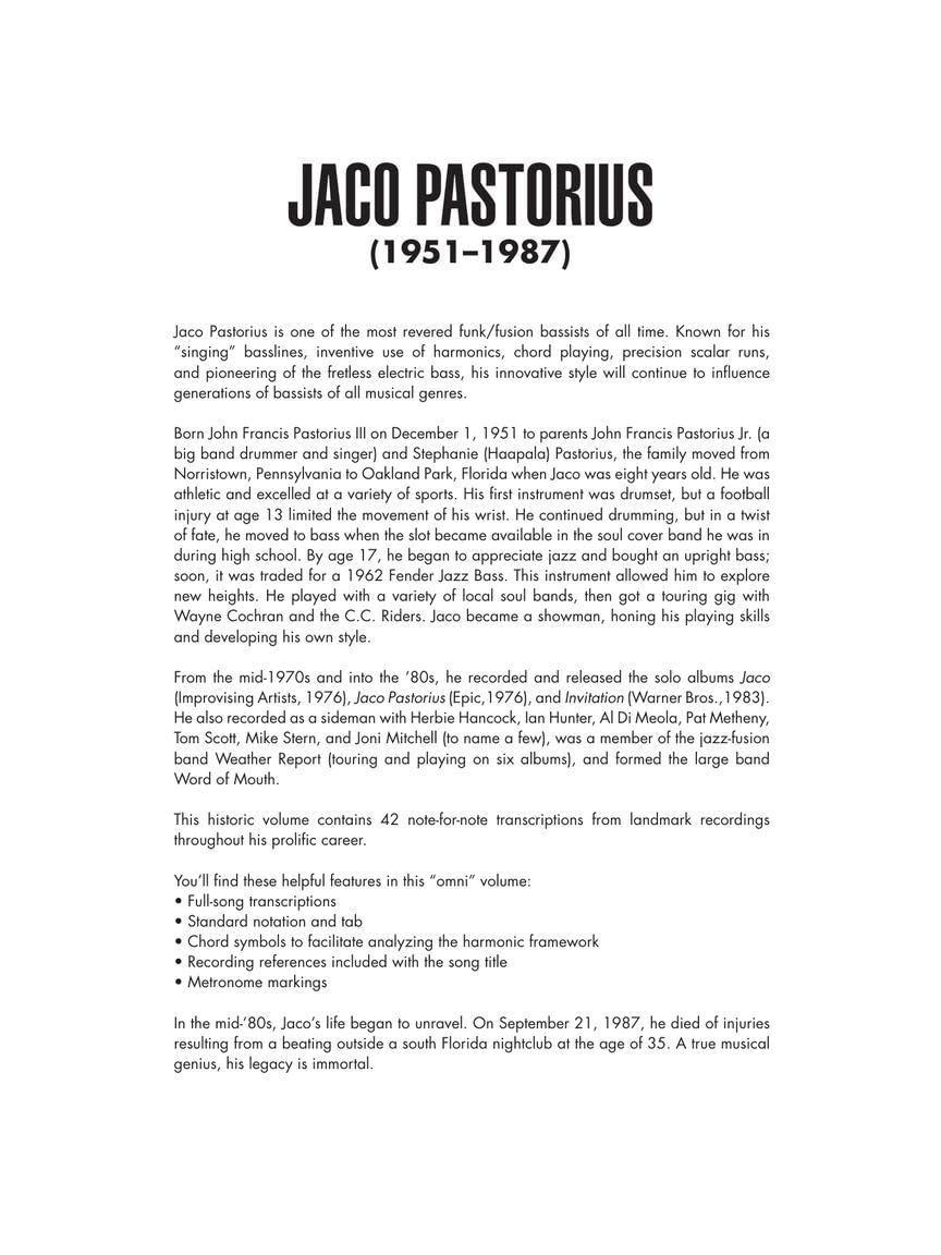 Jaco Pastorius Omnibook for Bass Clef Instruments Transcribed Exactly from His Recordings