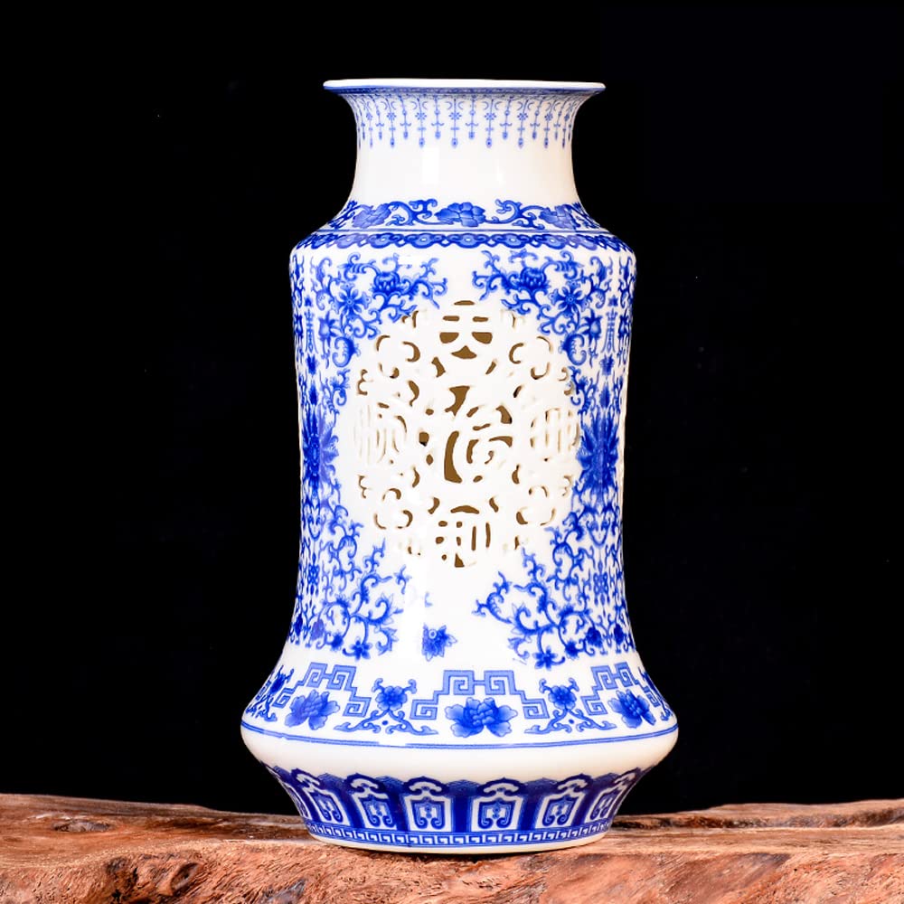 DFGHNBVC Chinoiserie Jingdezhen Porcelain Blue And White Porcelain Hollow Out Vase Flower Arrangement New Chinese Style Sitting Room Porch TV Ark Adornment Places,H