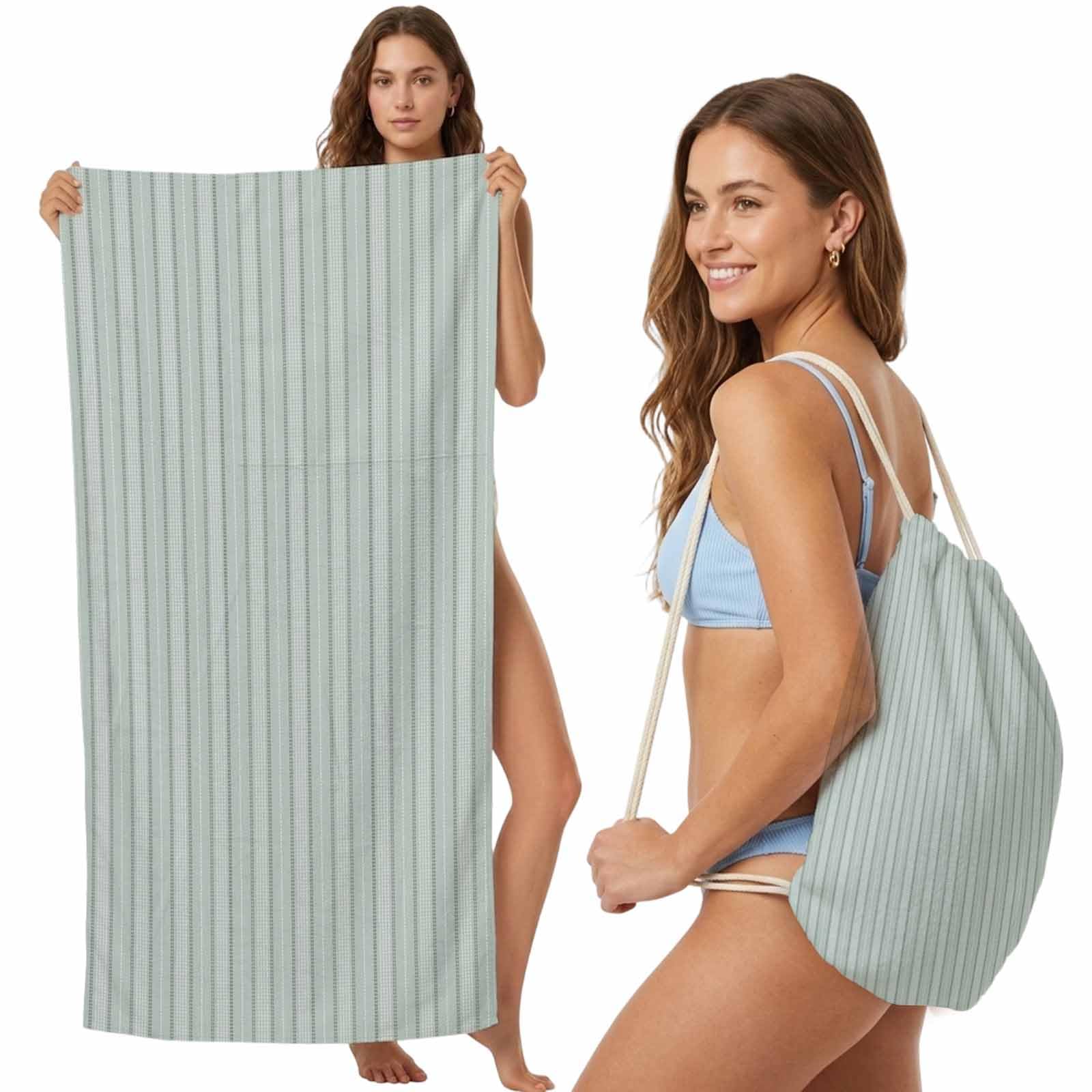 FWJZDSP Beach Towel Bag 2 in 1 Sage Green Black White Pinstripes Bath Pool Towels Backpack Lines Vertical Stripes Absorbent Beach Towel Soft Quick Dry Packable Towels Drawstring Bag for Travel Sports