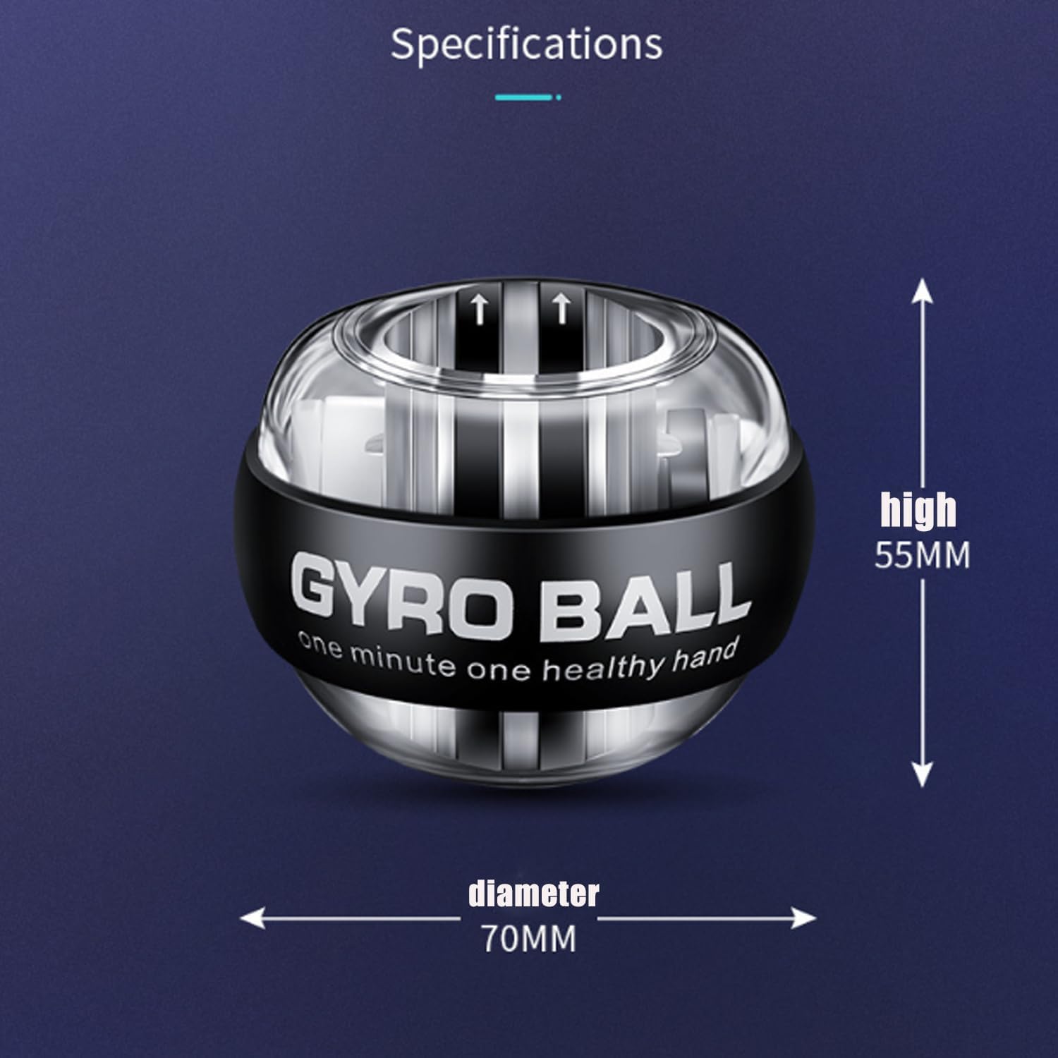 Image showing the dimensions of the Gyro Ball: 70mm diameter and 55mm height.