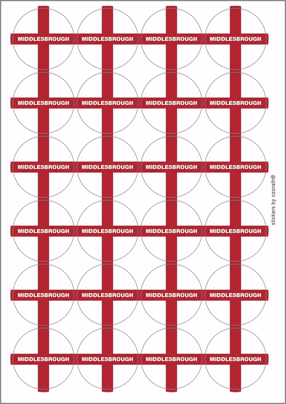 Middlesbrough England Flag Circular Matt Paper Stickers A4 Sheet of 24 (Each Sticker is 45mm Diameter)