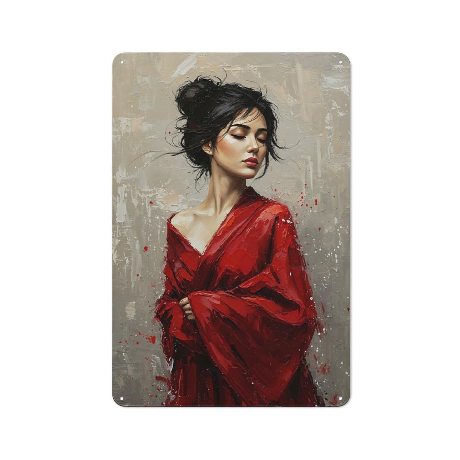 Junmoney Woman In Red Kimono Metal Wall Sign 30X20cm Featuring For Café Or Restaurant, For Vintage Wall Decor Fans, For Metal Sign Collectors