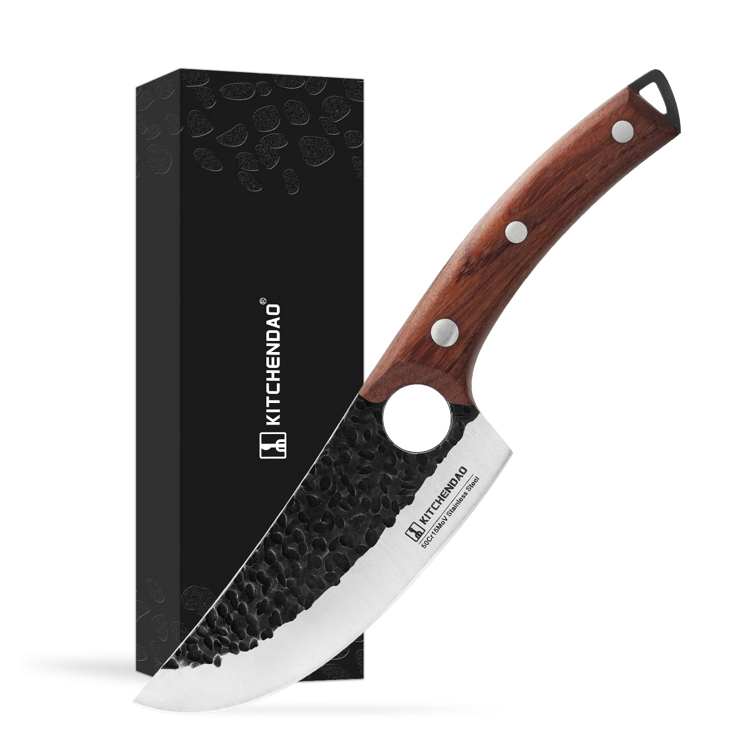 KITCHENDAO Chef Knife 6 Inch Super Sharp Viking Knife with Finger Hole Full Tang Kitchen Knife with Ergonomic Rosewood Handle for Slicing, Deboning and Cutting, Gift Box for Family and Friends