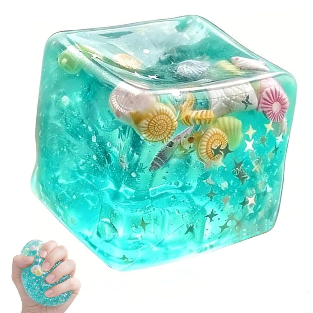 Ice Cube Squishy, Stress Ball with Sea Shells Inside, Square Shape Sensory Fidget for Adults, Anxiety Relief Desk Toy, Fun Office Decor & Novelty Gift â image 1