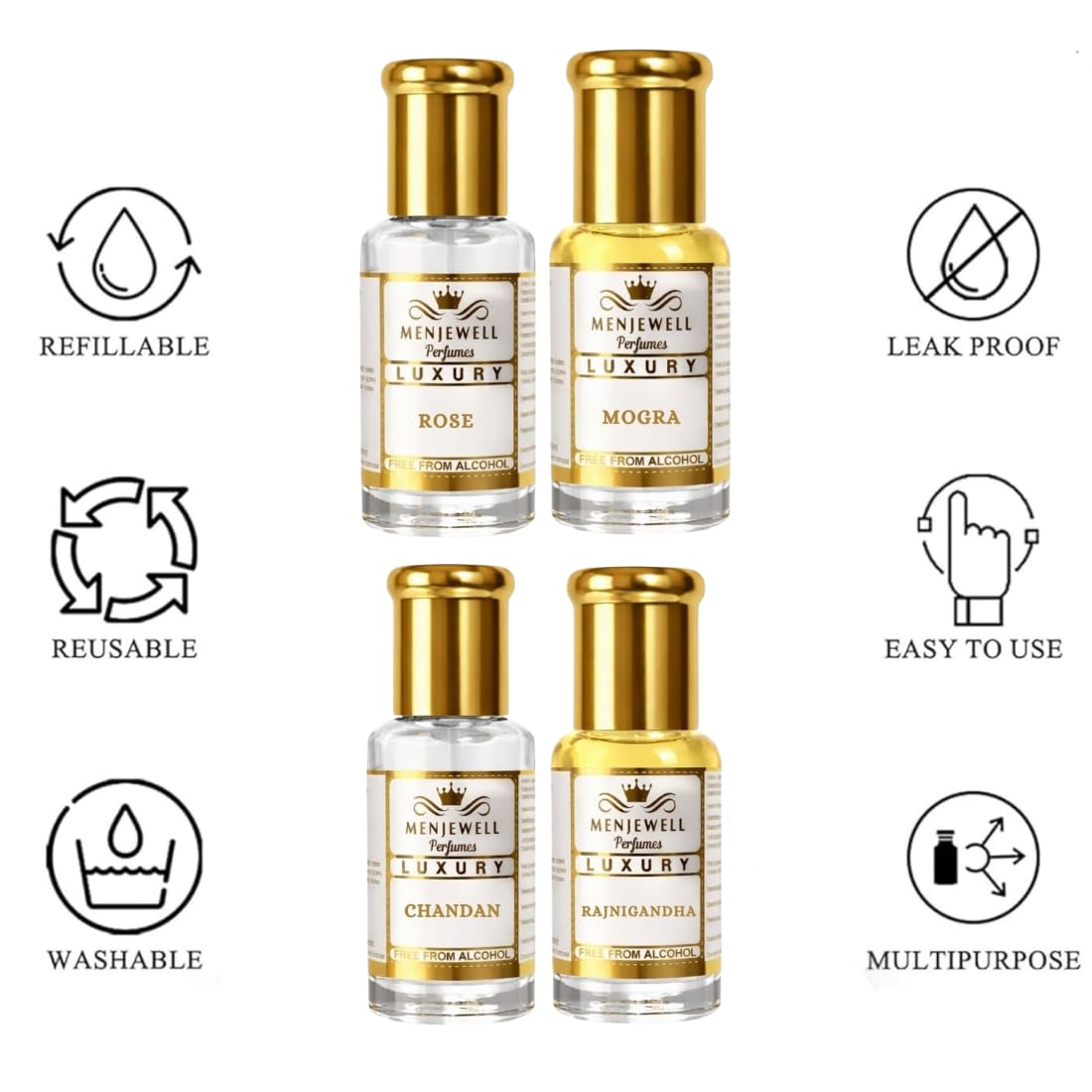 Menjewell Rose Fresh, Chandan-E-Khaas, Royal Mogra & Rajnigandha Perfume Floral Attar, 6 Ml (Pack Of 4) 4