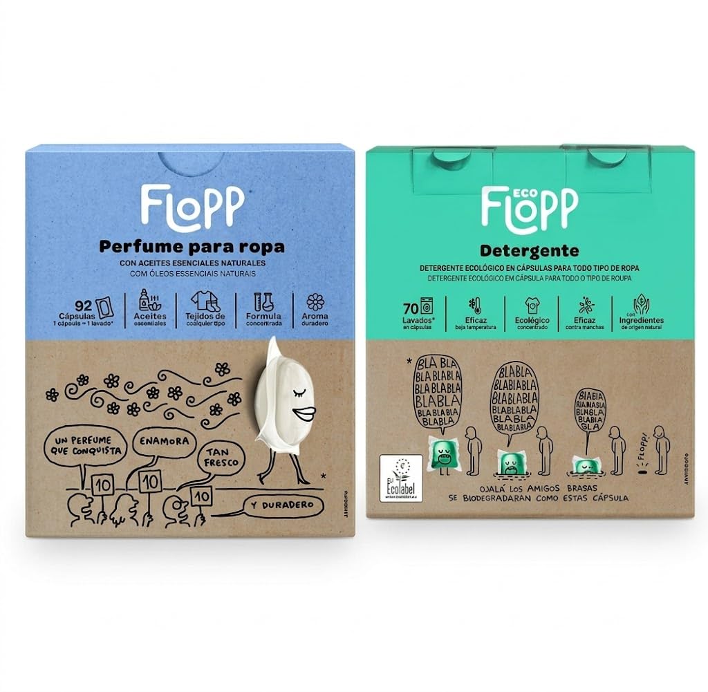 Pack Ahorro Flopp: Detergente Ecológico en Cápsulas (70 Lavados) + Perfume para la Ropa en Pastillas con Aceites Esenciales (92 Cápsulas) | Limpieza Sostenible y Fragancia Intensa Duradera