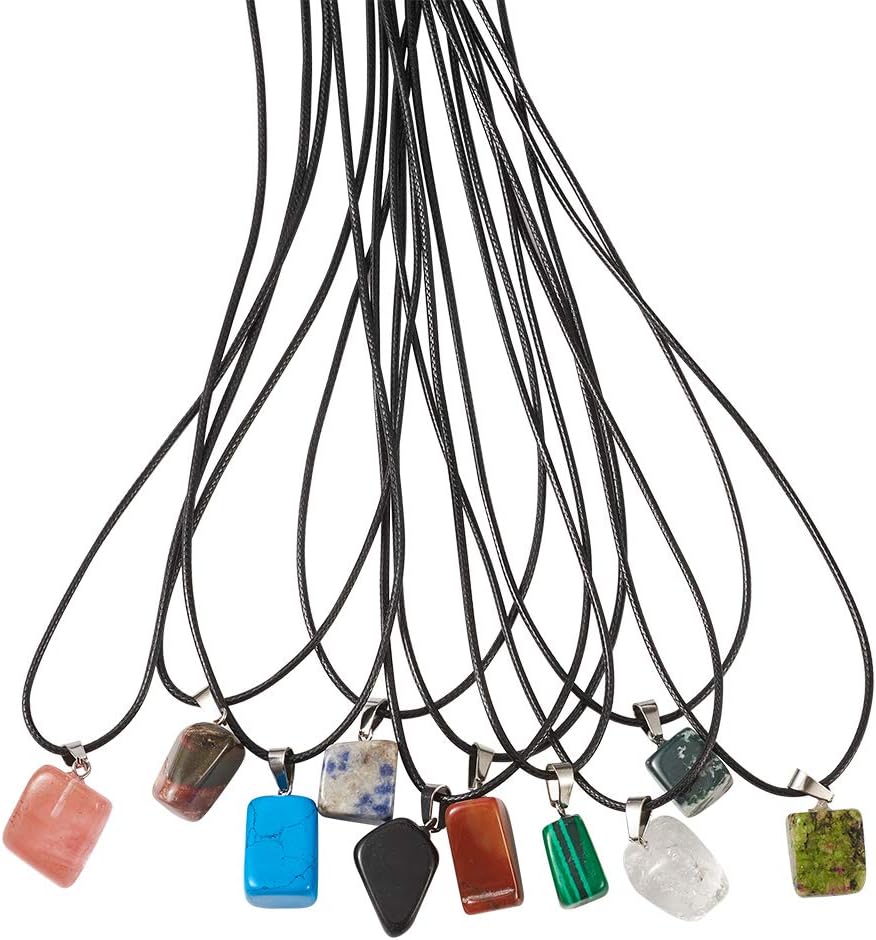 FASHEWELRY 48Pcs Irregular Nugget Shaped Chakra Stone Pendants Healing Crystal Gemstone Charms with 10Pcs Black Waxed Cotton Necklace for DIY Jewelry Making