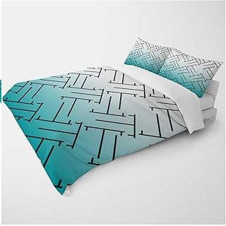YANFENQI Queen Size Textured Duvet Covers White Cyan Teal Gradient Geometric Checked Camping Themed Bedding for Kids Teens Adults (Queen,90