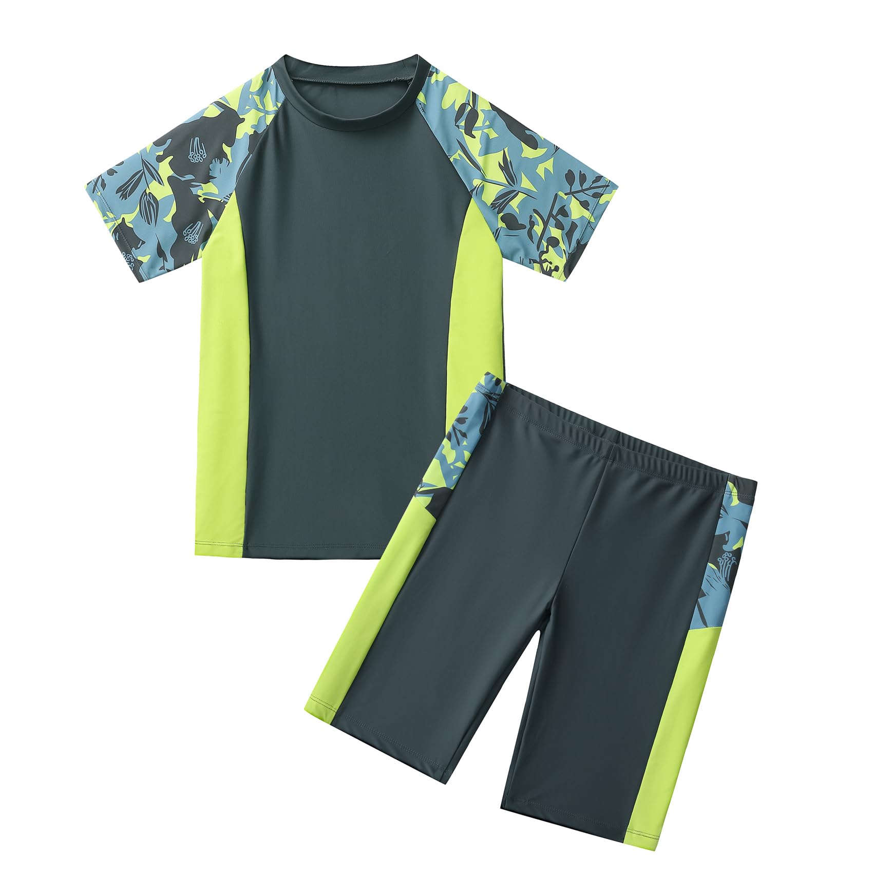 Boys Swimsuits UPF50+UV Swimwear Set Two Piece Rash Guard with Hat for Kids 4-14 Years