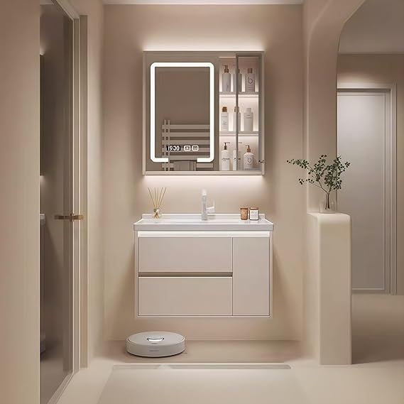 Modern Wall Mounted Floating Bathroom Vanity with Integrated Ceramic Sink, No Assembly Required, Hanging LED Intelligent Lighted Sensor and Demisting Mirror, Cabinet Spaces