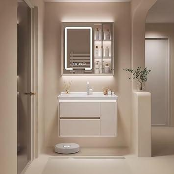 Modern Wall Mounted Floating Bathroom Vanity with Integrated Ceramic Sink, No Assembly Required, Hanging LED Intelligent Lighted Sensor and Demisting Mirror, Cabinet Spaces