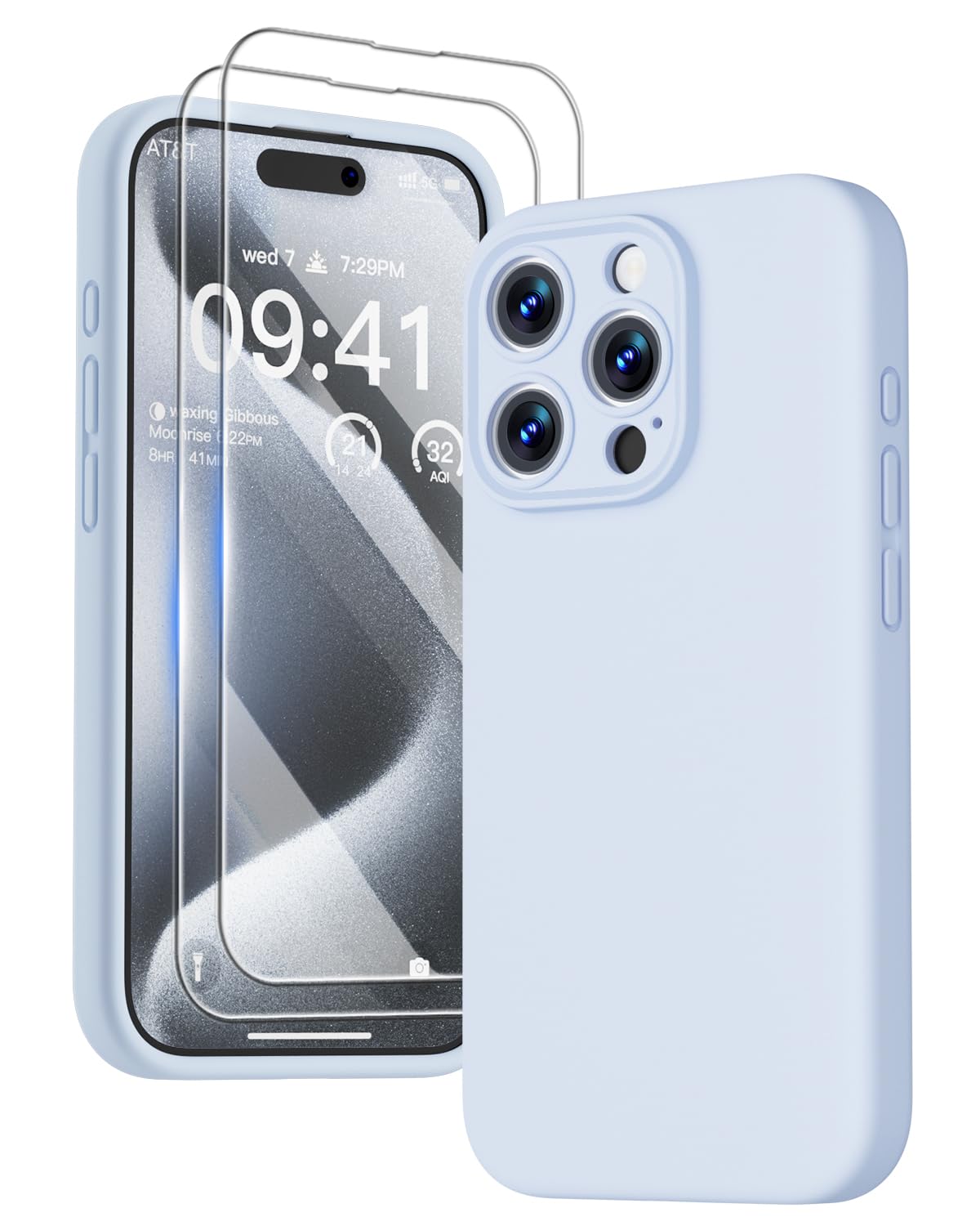 GOODVISH 3 in 1 Silicone Cover per iPhone 15 Pro 6.1" (2023), Custodia con 2 Pellicola Protettiva, Case per Cellulare Ultra Sottile Antiurto Resistente [Protezione Fotocamera], Cielo Blu