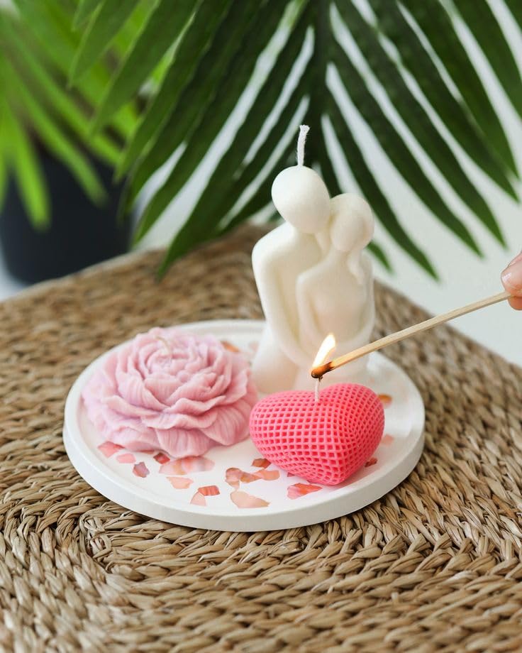 Valentine Candle Gifting Set of 3, Romantic Couple Figurine with Pink Rose and Heart Candles, Decorative Candle Set