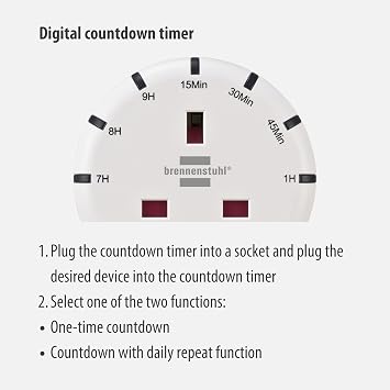 Brennenstuhl Digital Countdown Timer Plug Socket with LED Display - Adjustable in 12 Steps, Indoor Use, Contact Protection