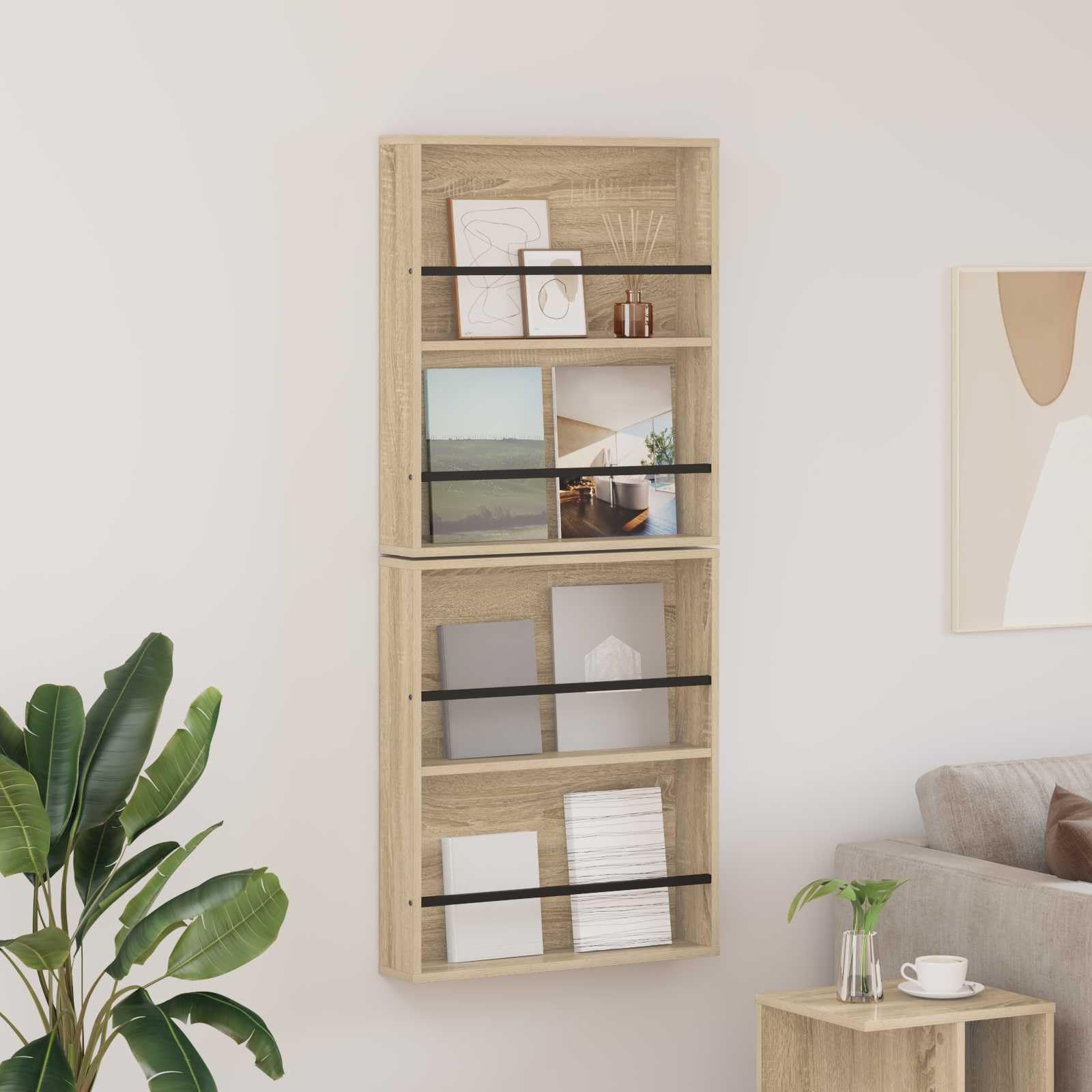Mangloder Wandmontiertes Magazinregal aus Holzwerkstoff in Sonoma Eiche, 2er Set 60 x 12 x 70 cm, Zeitschriftenständer, Zeitungsständer, Magazinhalter, Prospektständer, Organizer für Wohnzimmer