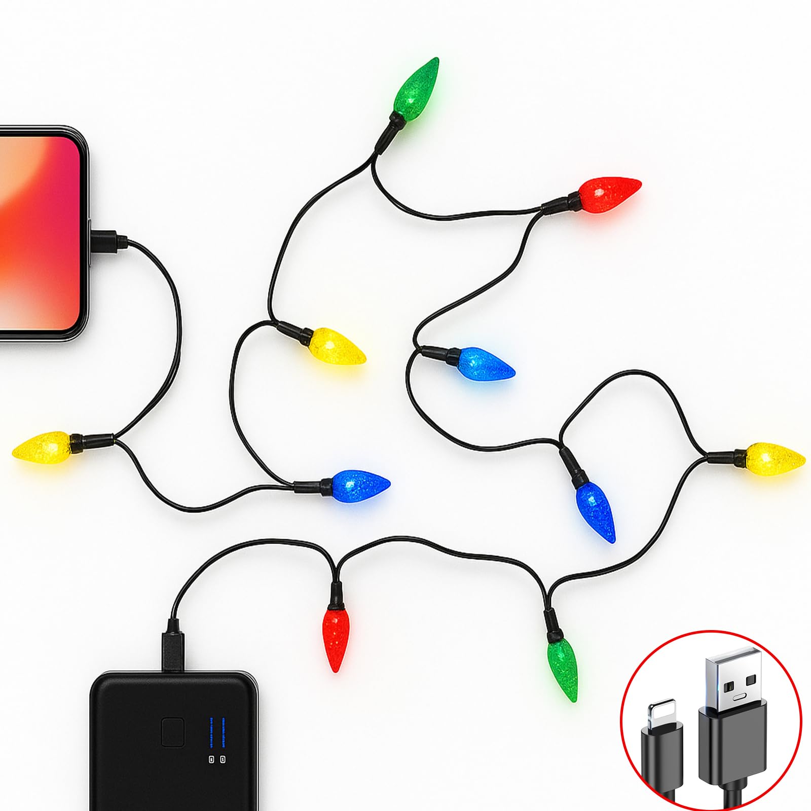 2 luces de Navidad Cable de carga para teléfono móvil, 140 cm USB-A a Lightning Cable de carga con 10 bombillas LED, cable de carga de vacaciones, compatible con teléfono/i 14/13/12/11