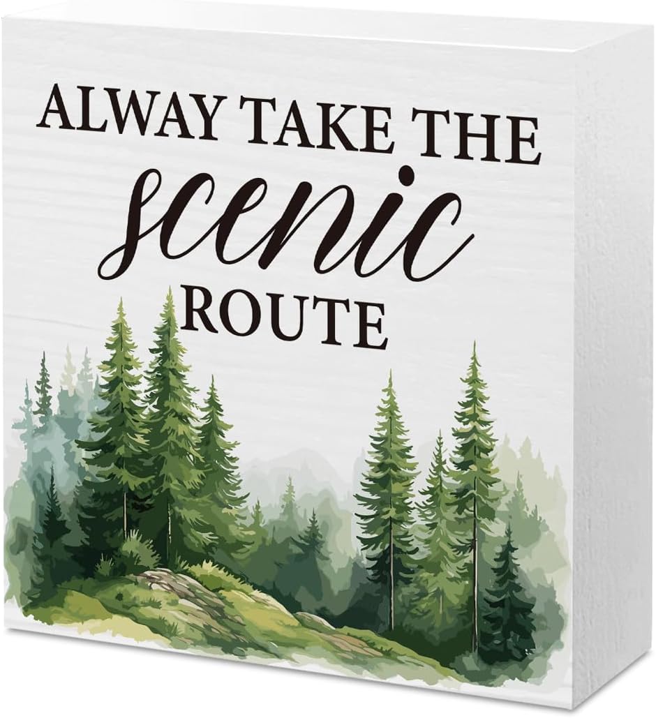 Mountain Woodland Decor Camper Camping Travel Adventure Forest Awaits Sign Rv Classroom Decor for Home Office Desk Room Table Cubicle Shelf 5 X 5 Inch