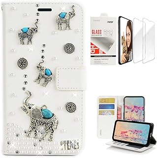 STENES Bling Wallet Phone Case Compatible with Samsung Galaxy S23 Ultra - Stylish - 3D Handmade Retro Elephant Glitter Magnetic Wallet Leather Cover with Screen Protector [2 Pack] - White