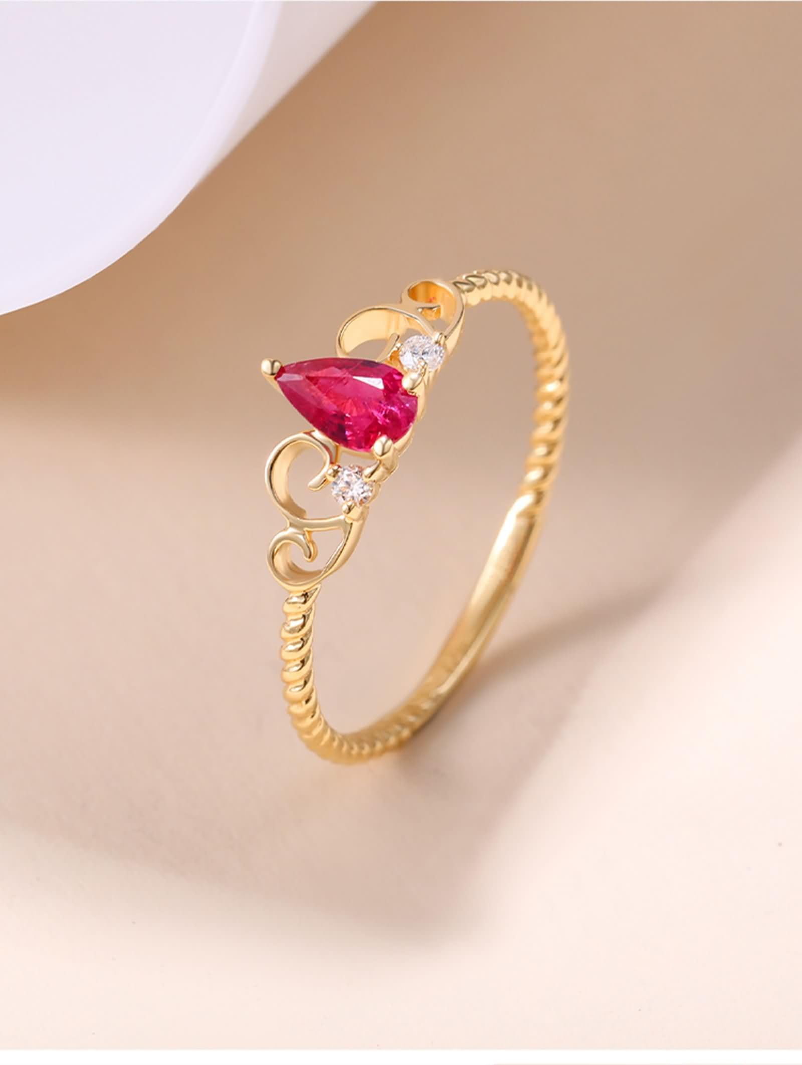 Anillo Mujer Alianza de Oro 9K / 14K / 18K, Corona y Gota de Agua con Rubí de 0,35 ct y Diamante, Anillos Oro Amarillo y Rojo Compromiso Mujer