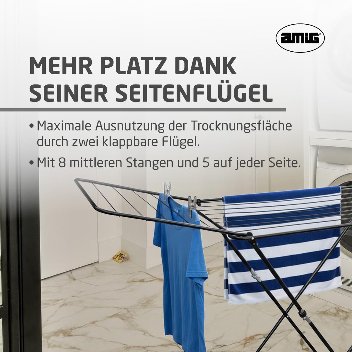 Amig - Klappbarer Wäscheständer mit Flügeln Mod. Aeria ZenRack - Robuster Stahl - Wäschetrockner - Einfacher Aufbau und Faltmechanismus - 18 m Trockenfläche - Maße 180x55x95 cm - Farbe Schwarz