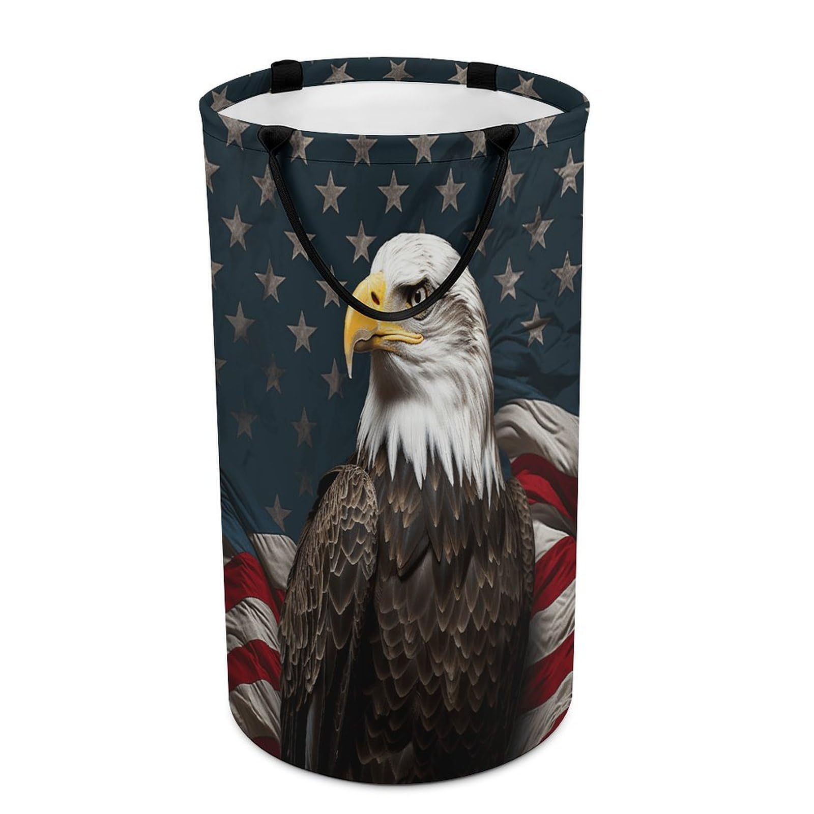 American Bald Eagle Sitting on Flag Ribbon Laundry Basket Large Foldable Laundry Hamper with Handles Freestanding Collapsible Clothes Basket Waterproof Portable Dirty Clothes Hamper for Bathroom 86L
