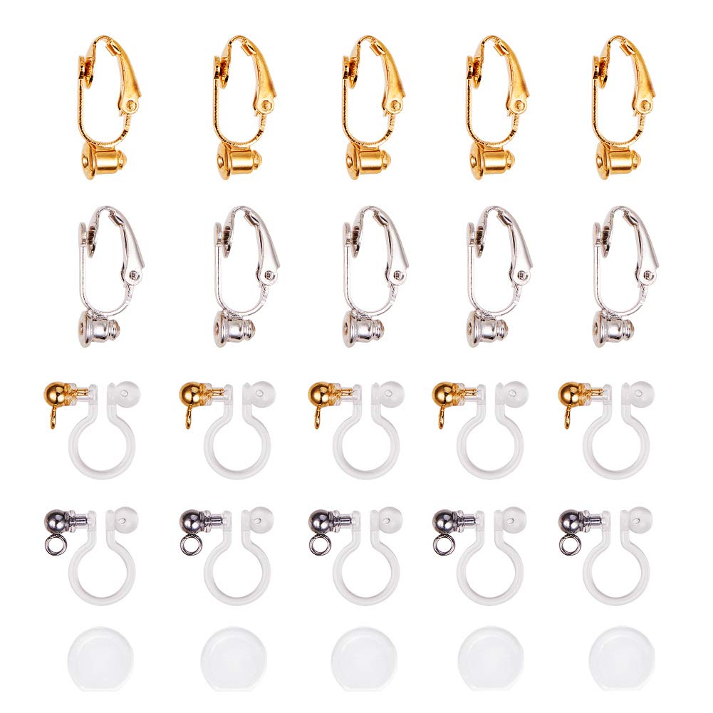 PH PandaHall 12 Pcs Brass Clip-on Earring Converter and 12 Pcs Clear Plastic Earring Converter Component with 24 Pcs Ear Pads Silicone Comfort Earring